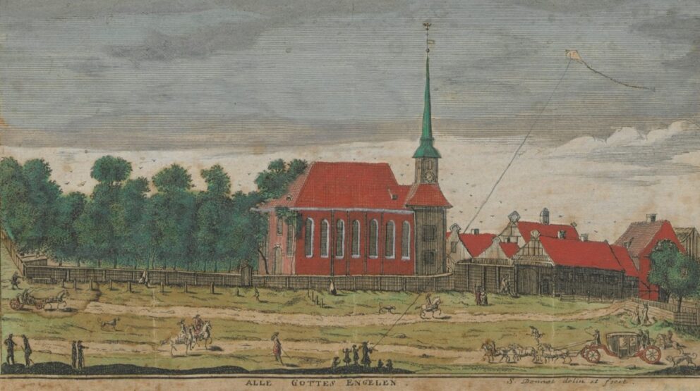 Kościół Wszystkich Bożych Aniołów, grafika Samuela Donneta z I połowy XVIII wieku